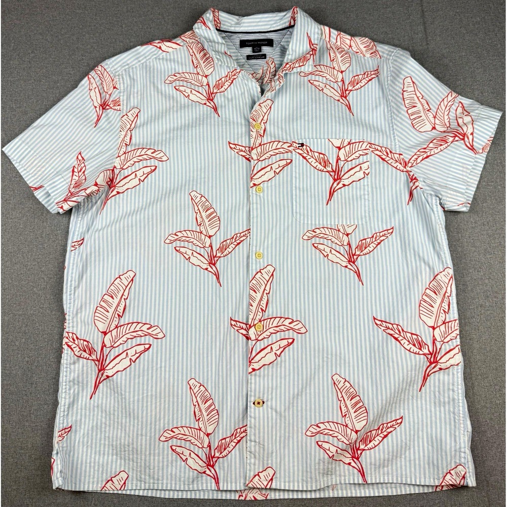 Tommy Hilfiger Mens XL Tropical Shirt Blue Red Leaf Stripe Short Sleeve Custom